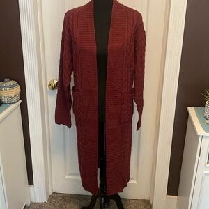Maroon Long Cable Knit Cardigan Sweater Sz L NWOT